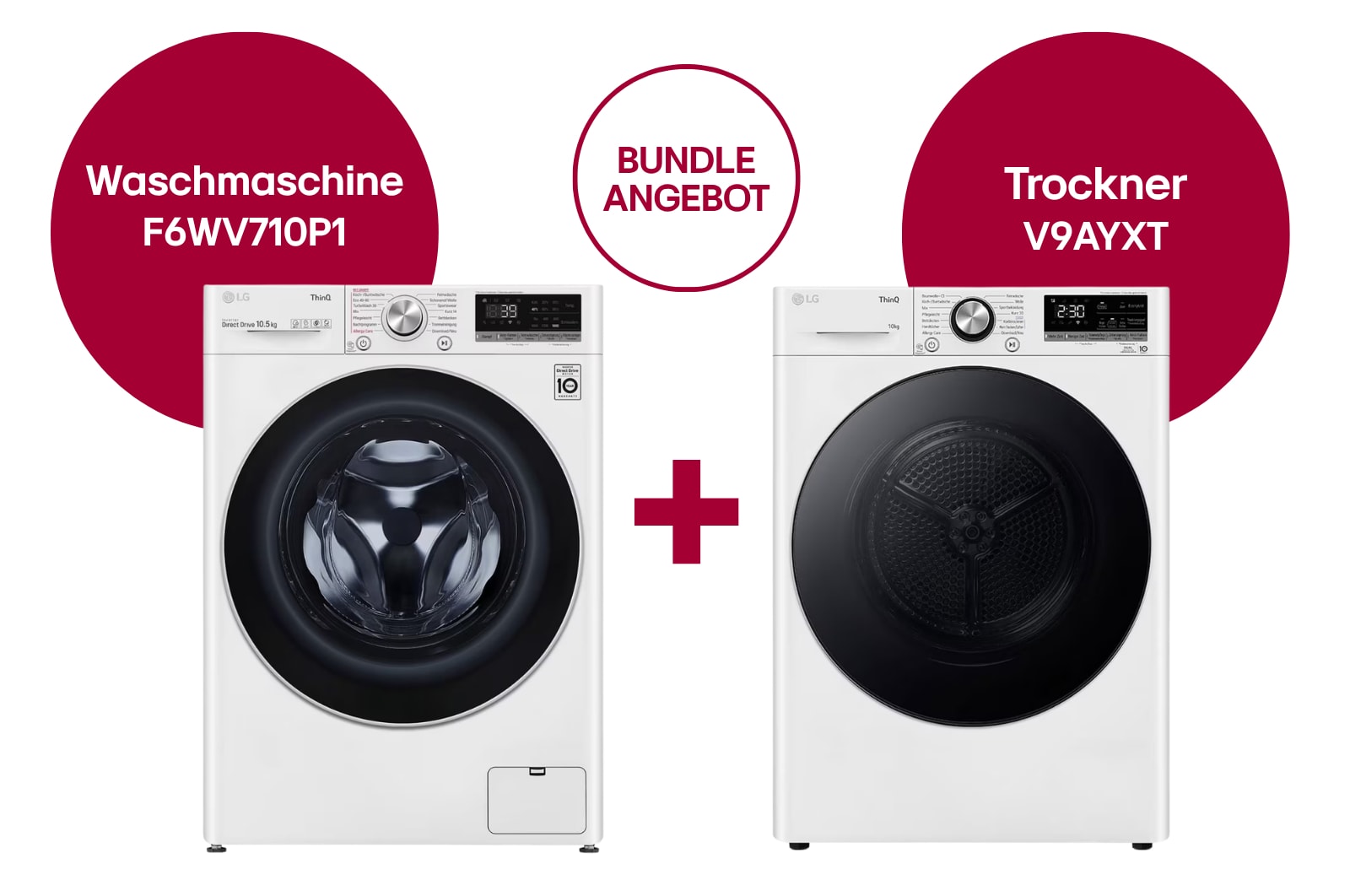 Vorderansicht von Waschmaschine | 10.5 kg | AI DD™ | Steam™ | TurboWash™ | Aqualock | Neue Wohlfühl-Trommel | LG F6WV710P1 + Trockner Weiß (C, 10 kg) mit Dual Inverter Wärmepumpentechnologie & selbstreinigendem Kondensator I V9AYXT F6WV710P1.V9AY001