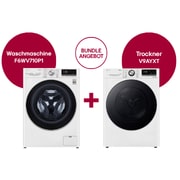 Vorderansicht von Waschmaschine | 10.5 kg | AI DD™ | Steam™ | TurboWash™ | Aqualock | Neue Wohlfühl-Trommel | LG F6WV710P1 + Trockner Weiß (C, 10 kg) mit Dual Inverter Wärmepumpentechnologie & selbstreinigendem Kondensator I V9AYXT F6WV710P1.V9AY001