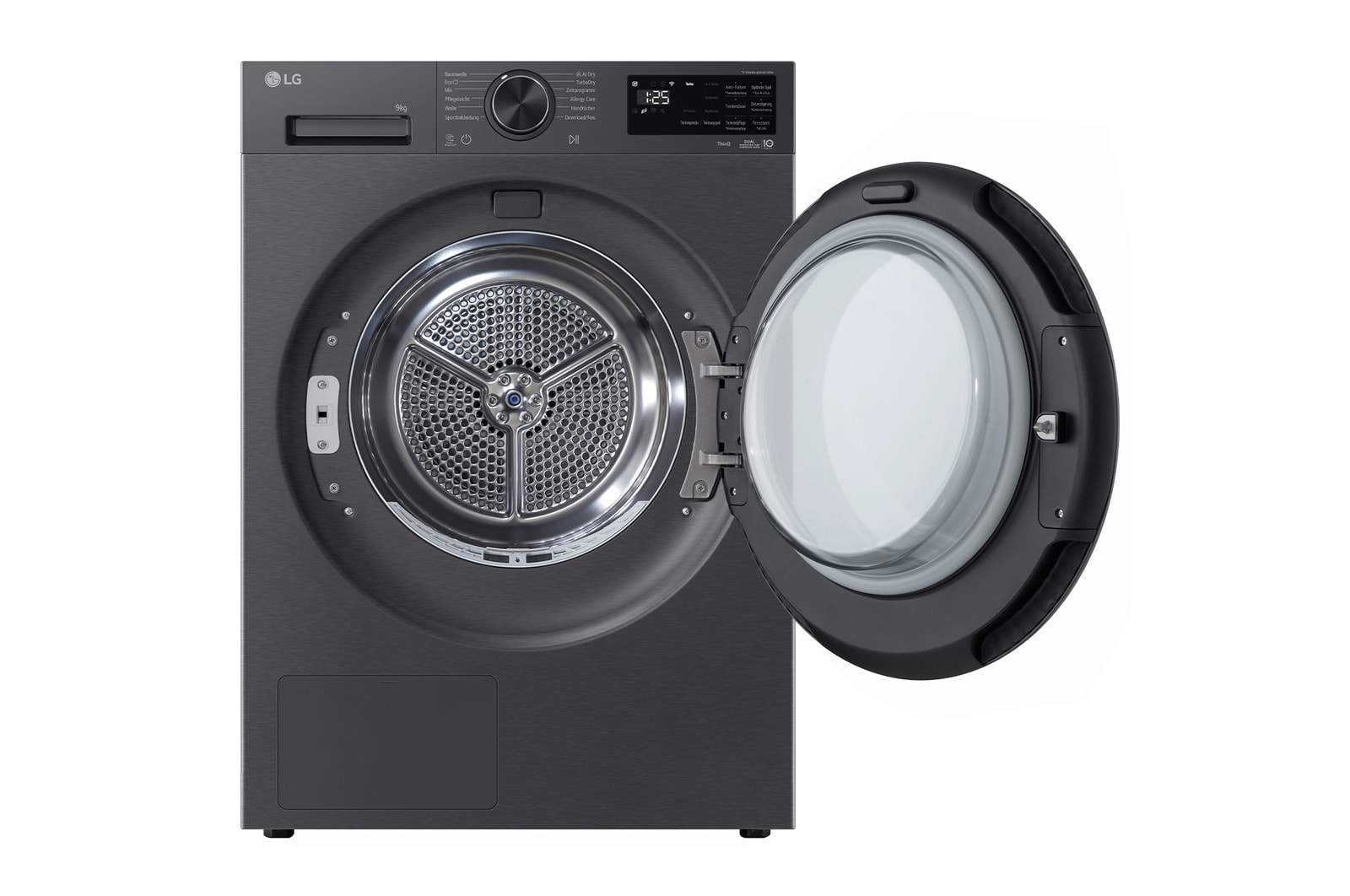 LG Trockner Schwarz (EEK B, 9 kg) mit AI Dry, Dual Inverter Wärmepumpentechnologie & selbstreinigendem Kondensator I RT90X7B, RT90X7B