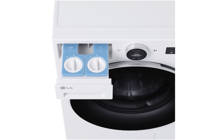 Technische Zeichnung der LG Waschmaschine F4WX801YB: B 60, H 85, T 56,5 cm (Tür offen 110 cm), inkl. Einbaumaße, mit Energieeffizienzklasse A-40%.