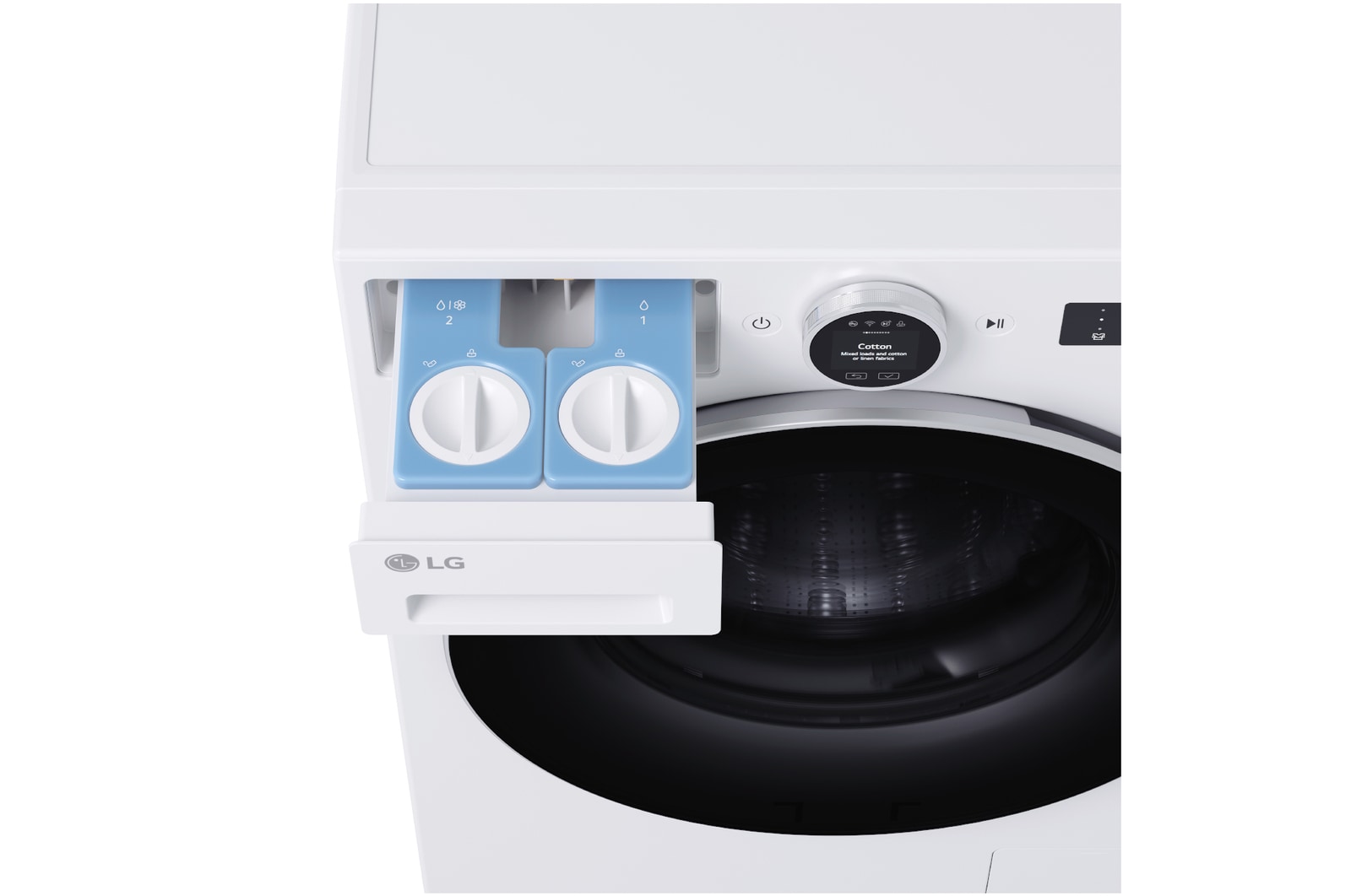 Technische Zeichnung der LG Waschmaschine F4WX801YB: B 60, H 85, T 56,5 cm (Tür offen 110 cm), inkl. Einbaumaße, mit Energieeffizienzklasse A-40%.