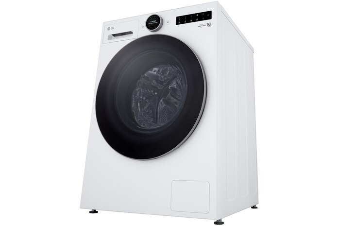 Die LG 11 kg Waschmaschine F4WX801YB in Matte Black, installiert in einer modernen Küche, um ihr schlankes, integriertes Design zu zeigen, mit Energieeffizienzklasse A-40%.