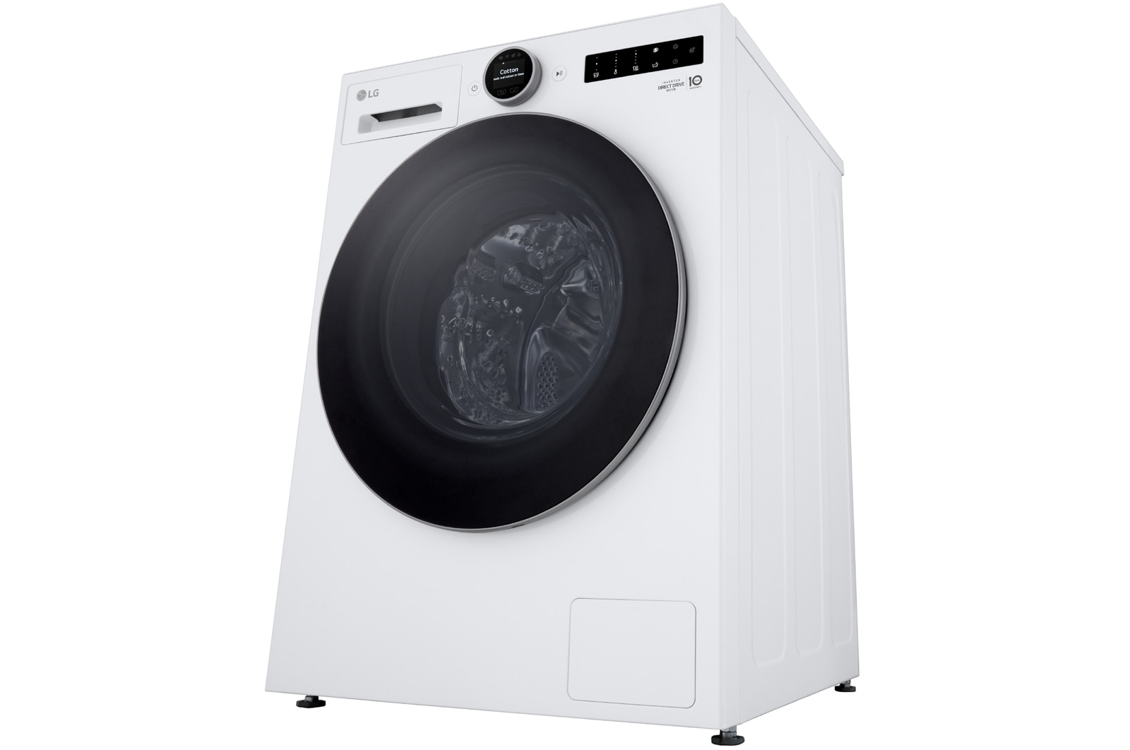 Die LG 11 kg Waschmaschine F4WX801YB in Matte Black, installiert in einer modernen Küche, um ihr schlankes, integriertes Design zu zeigen, mit Energieeffizienzklasse A-40%.