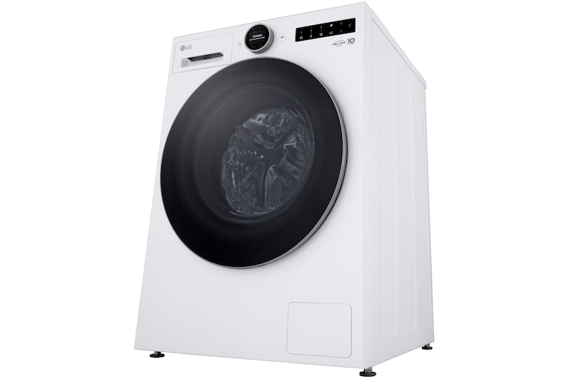 Die LG 11 kg Waschmaschine F4WX801YB in Matte Black, installiert in einer modernen Küche, um ihr schlankes, integriertes Design zu zeigen, mit Energieeffizienzklasse A-40%.