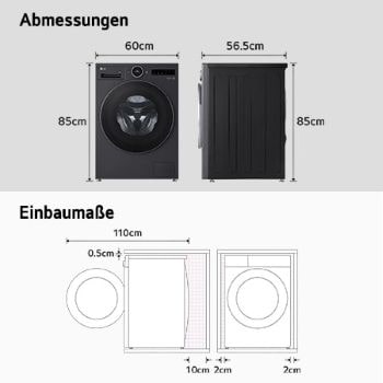 Technische Zeichnung der LG Waschmaschine F4WX9092B: B 60, H 85, T 56,5 cm (Tür offen 110 cm), inkl. Einbaumaße, mit Energieeffizienzklasse A-55%.