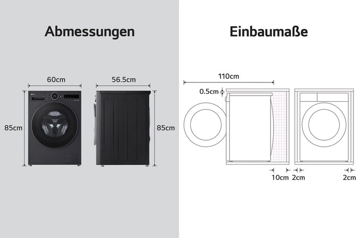 Technische Zeichnung der LG Waschmaschine F4WX9092B: B 60, H 85, T 56,5 cm (Tür offen 110 cm), inkl. Einbaumaße, mit Energieeffizienzklasse A-55%.