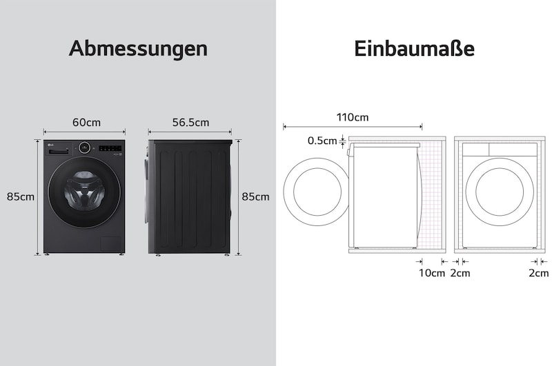 Technische Zeichnung der LG Waschmaschine F4WX9092B: B 60, H 85, T 56,5 cm (Tür offen 110 cm), inkl. Einbaumaße, mit Energieeffizienzklasse A-55%.
