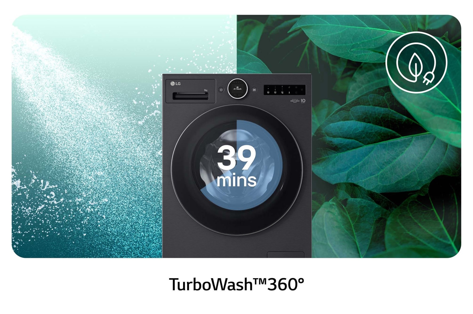 Die LG 9 kg Waschmaschine F4WX9092B in Matte Black mit TurboWash®360°-Technologie für eine gründliche Wäsche in nur 39 Minuten, mit Energieeffizienzklasse A-55%.