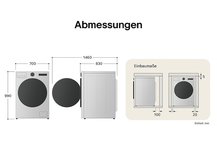 Technische Zeichnung der LG Waschmaschine: B 700, H 990, T 830 mm (Tür offen 1460 mm), inkl. Installationsabstände.