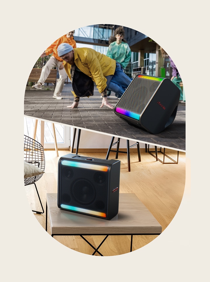 On the left xboom Stage 301 stands on the ground in front of dancing peoeple. In the middle part xboom Stage 301 is placed on its stand next to drums. On the right xboom Stage 301 stands on a table in a living room.	