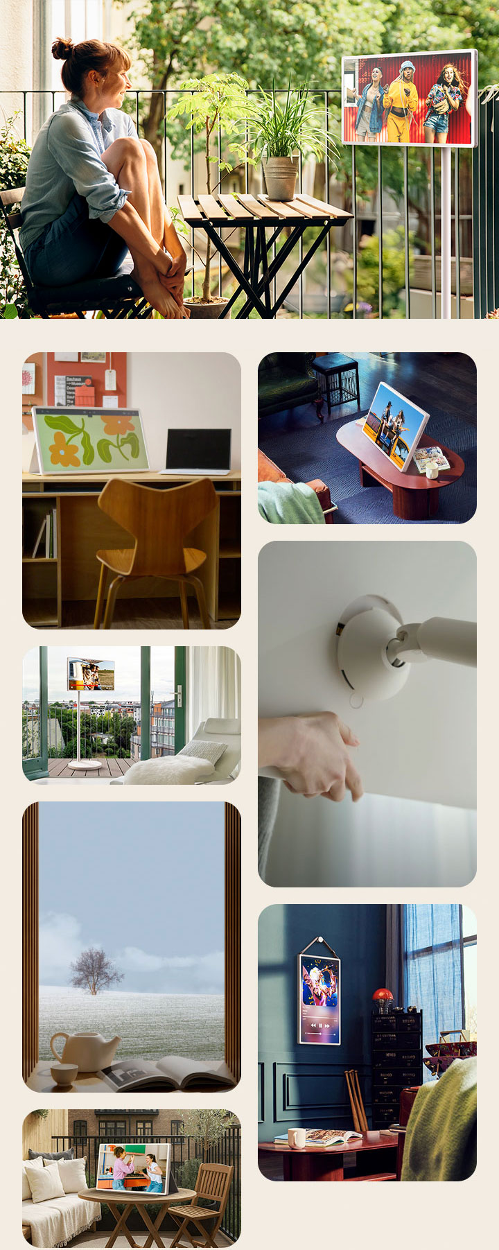 A woman sitting in her outside balcony, watching content on an LG StanbyME 2 on the rollable, adjustable stand.