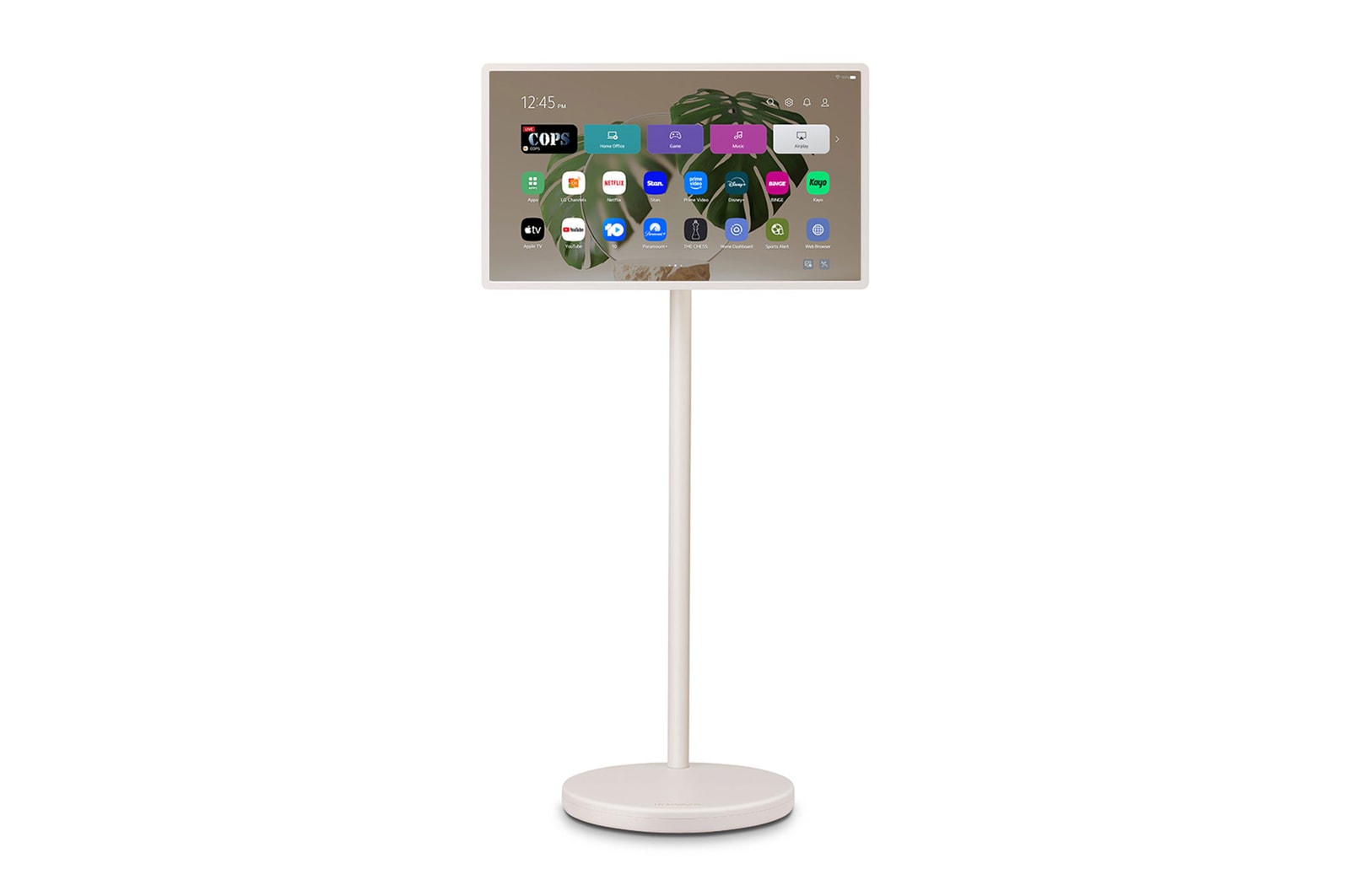 Front view of LG StanbyME 2 on the stand.