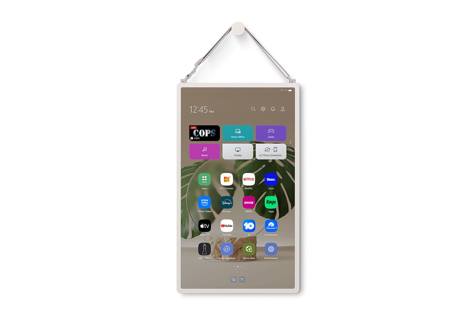 LG StanbyME 2 is hung on the wall using the wall strap.