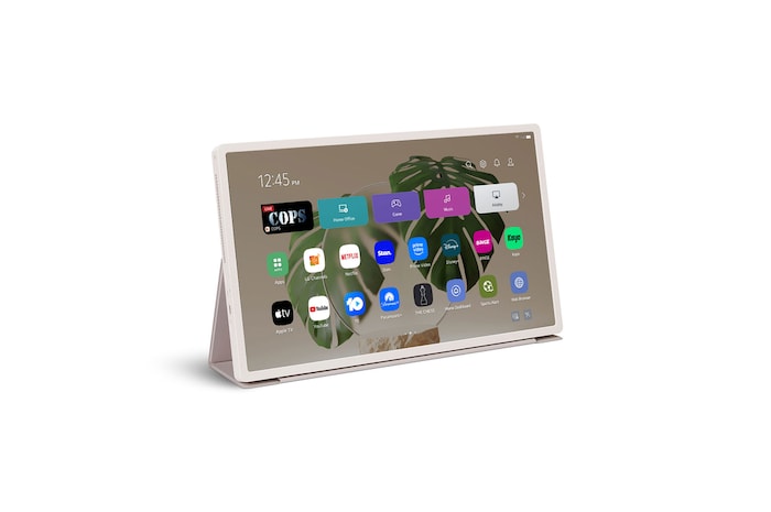 LG StanbyME 2 propped up like a tablet using the folio cover.