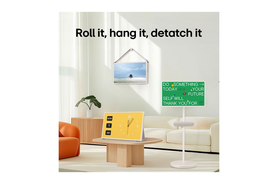LG StanbyME 2 screens displayed in a modern living room. There is a StanbyME 2 on a stand, one is hung on the wall, and the other is propped up on a table using the folio cover.