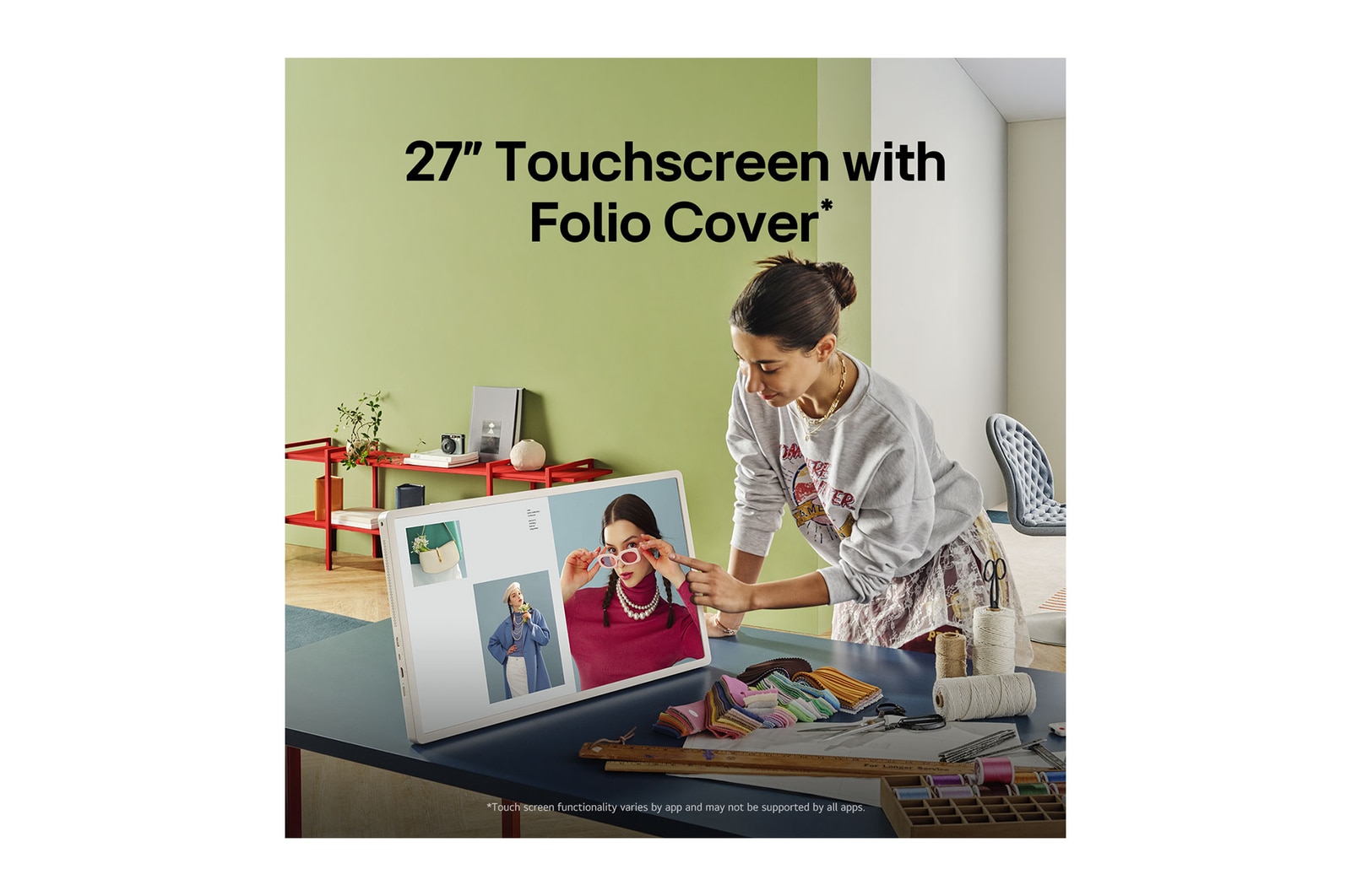 A person rolling their LG StanbyME 2 using the TV stand. The text explains how the Super Portable Screen has 4 hours of wireless playback and USB-C. 