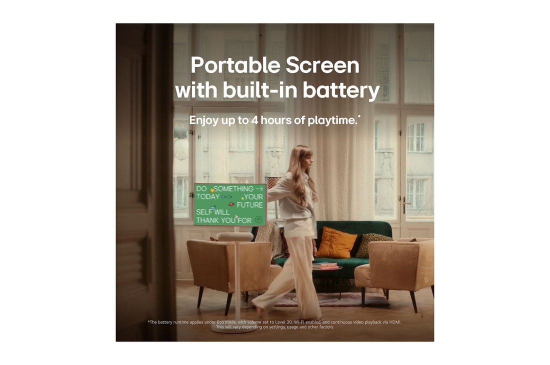 LG StanbyME 2 is hung on the wall to showcase its Motion Art Screen. Mood Maker is in use. An artwork is on display showing how it can be used as a stylish addition to any space. 
