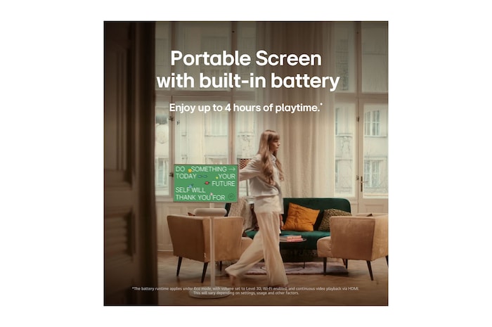 LG StanbyME 2 is hung on the wall to showcase its Motion Art Screen. Mood Maker is in use. An artwork is on display showing how it can be used as a stylish addition to any space.