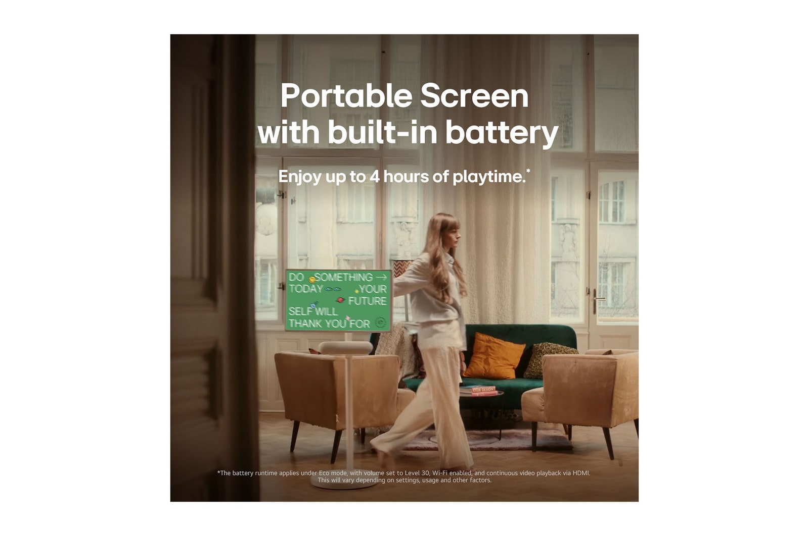 LG StanbyME 2 is hung on the wall to showcase its Motion Art Screen. Mood Maker is in use. An artwork is on display showing how it can be used as a stylish addition to any space. 
