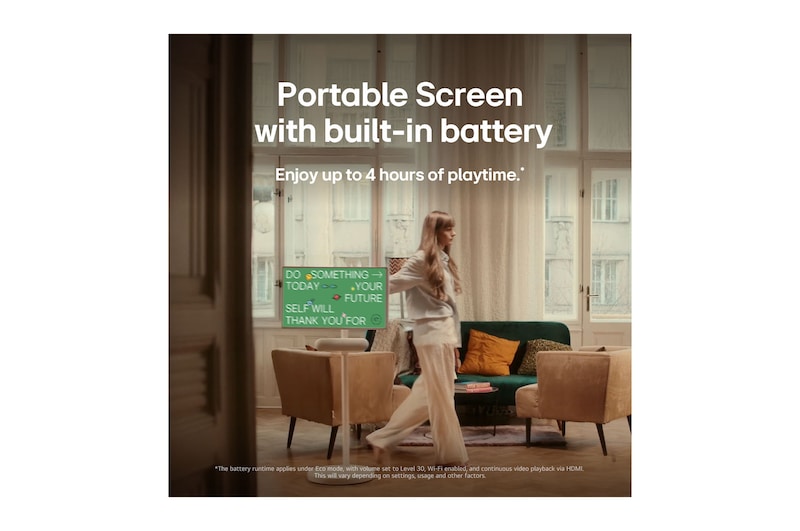 LG StanbyME 2 is hung on the wall to showcase its Motion Art Screen. Mood Maker is in use. An artwork is on display showing how it can be used as a stylish addition to any space.