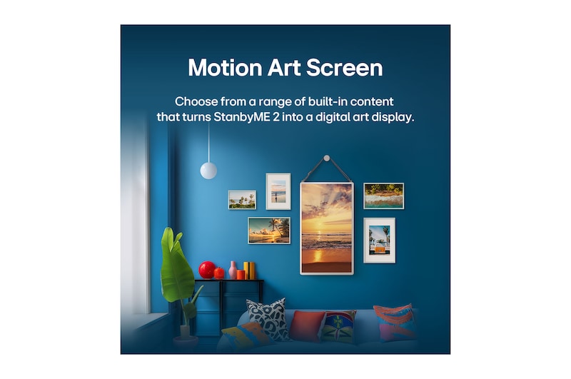 LG StanbyME 2 is on a table. Let's Draw is in use. A person is creating artwork using just their finger and the touchscreen. The text talks about how you can use your screen as a digital canvas and display artwork through the Always On Display.