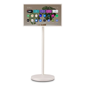 Front view of LG StanbyME 2 on the stand.