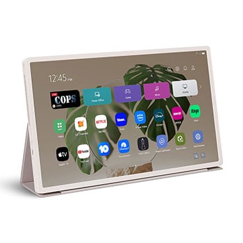 LG StanbyME 2 propped up like a tablet using the folio cover.