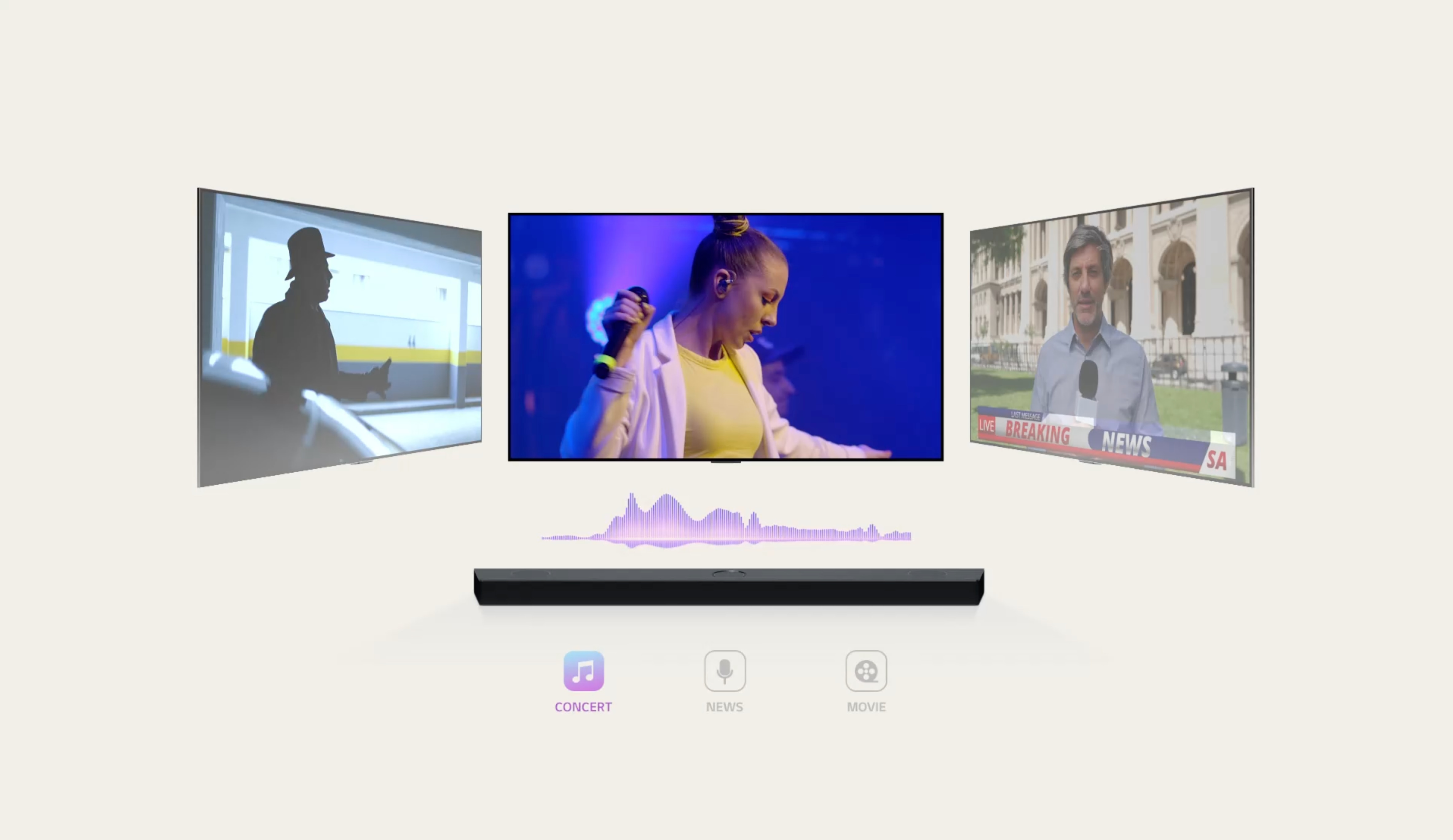 LG Soundbar is showing three different TV screens. The one directly above first plays a music concert with a woman singing. The TV screen showing a news broadcast moves to the middle and starts playing. Then, the TV screen showing an action scene with a woman running up the stairs moves to the middle and starts playing. In between the TV and soundbar, there is a soundwave changes color whenever the TV screen switches to one another, correlating to the genre.