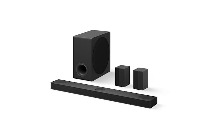 Angled view of LG Soundbar S80TR and subwoofer