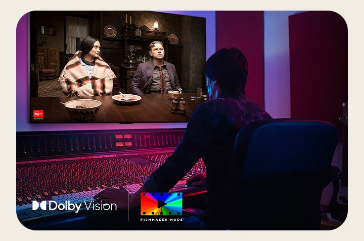 A director in front of a control panel editing the movie "Killers of the Flower Moon" on an LG OLED TV. A quote by Martin Scorsese: "For home viewing, every film should be seen in filmmaker mode," overlays the image with the "Killers of the Flower Moon" logo, Apple TV+ logo, and a "coming soon" logo. In the bottom left, the Dolby Vision logo and FILMMAKER MODE™ logo. 