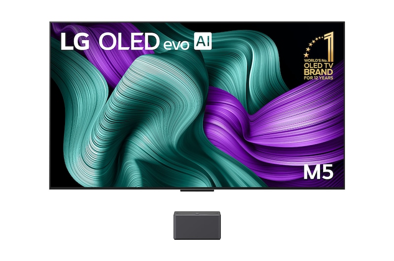 Front view of World’s first True Wireless TV 65 inch LG OLED evo AI M5 with 4K 144Hz Video & Audio Transfer OLED65M5PSA