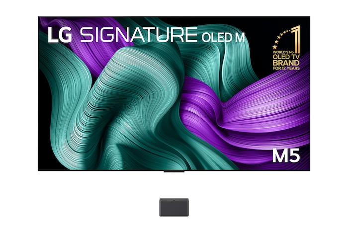 Front view of World’s first True Wireless TV 97 inch LG SIGNATURE OLED evo AI M5 with 4K 144Hz Video & Audio Transfer OLED97M5PSA