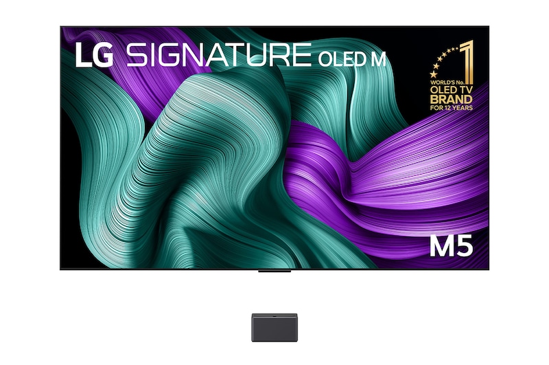 Front view of World’s first True Wireless TV 97 inch LG SIGNATURE OLED evo AI M5 with 4K 144Hz Video & Audio Transfer OLED97M5PSA