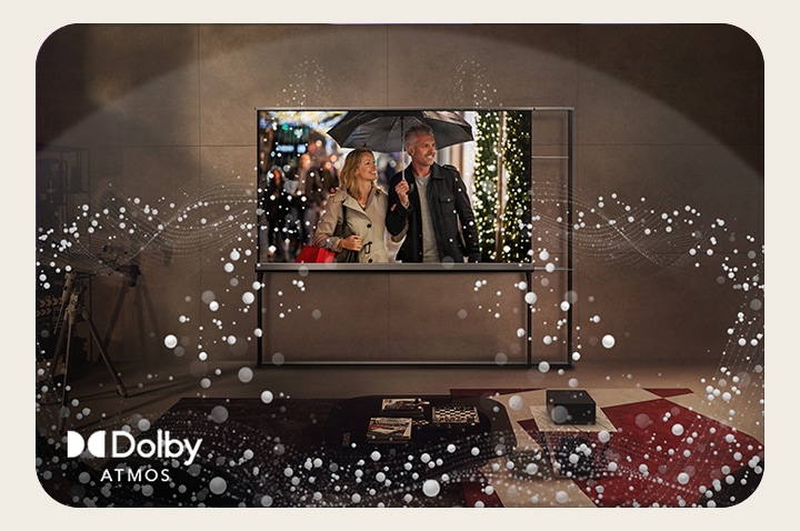 LG OLED TV on a living room wall and abstract circles emitting from the TV and filling the room.