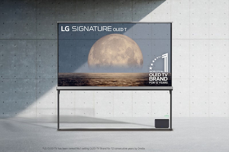 Front view of World's First Transparent & True Wireless TV LG SIGNATURE OLED T 77 inch with 4K Video & Audio Transfer OLED77T4PSA