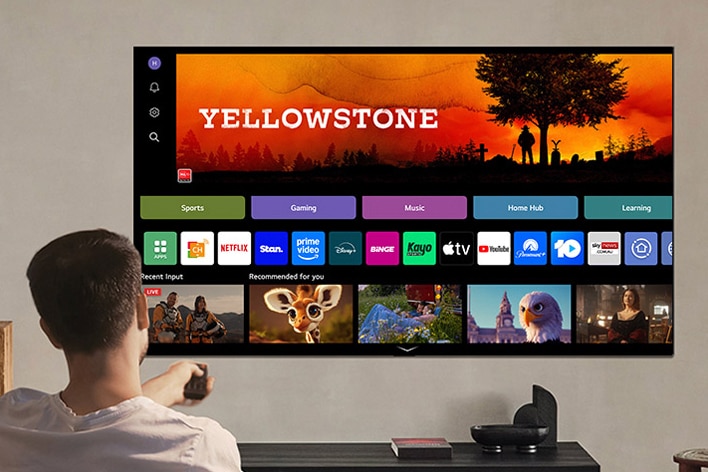 Person on the couch holding out a remote control. LG AI TV on the wall with LG webOS on the screen.