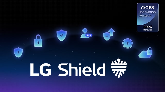 LG Shield emblem is shown on a dark background with security icons, highlighting webOS protection for privacy, data security, and system integrity. A CES Innovation Awards 2026 Honoree badge is also shown.