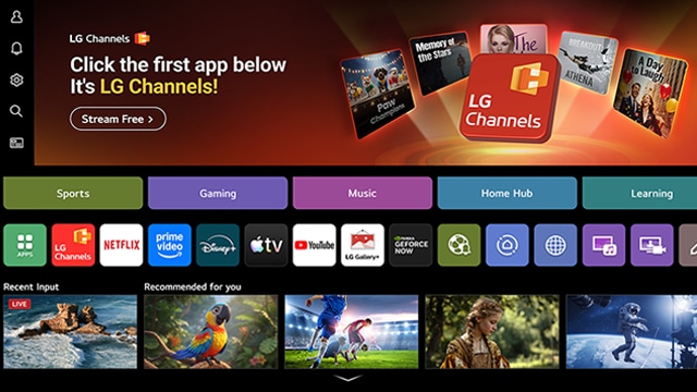 LG AI TV home screen navigates into the LG Channels interface, showcasing free live TV channels, movies, and exclusive content. The video highlights direct access to hundreds of entertainment options.
