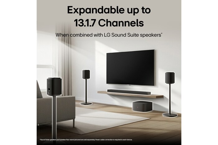 LG Sound Suite placed in a living room, demonstrating flexible speaker placement for an immersive home sound system