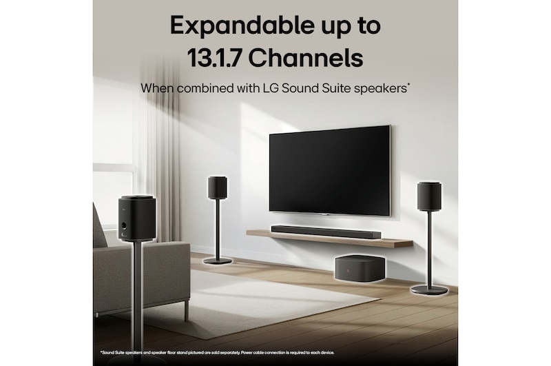 LG Sound Suite placed in a living room, demonstrating flexible speaker placement for an immersive home sound system