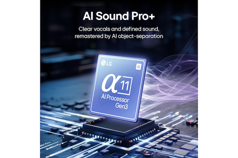 Close-up of LG Alpha 11 AI Processor Gen3 glowing to represent AI Sound Pro+ technology