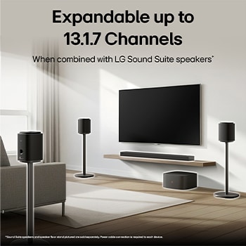 LG Sound Suite placed in a living room, demonstrating flexible speaker placement for an immersive home sound system