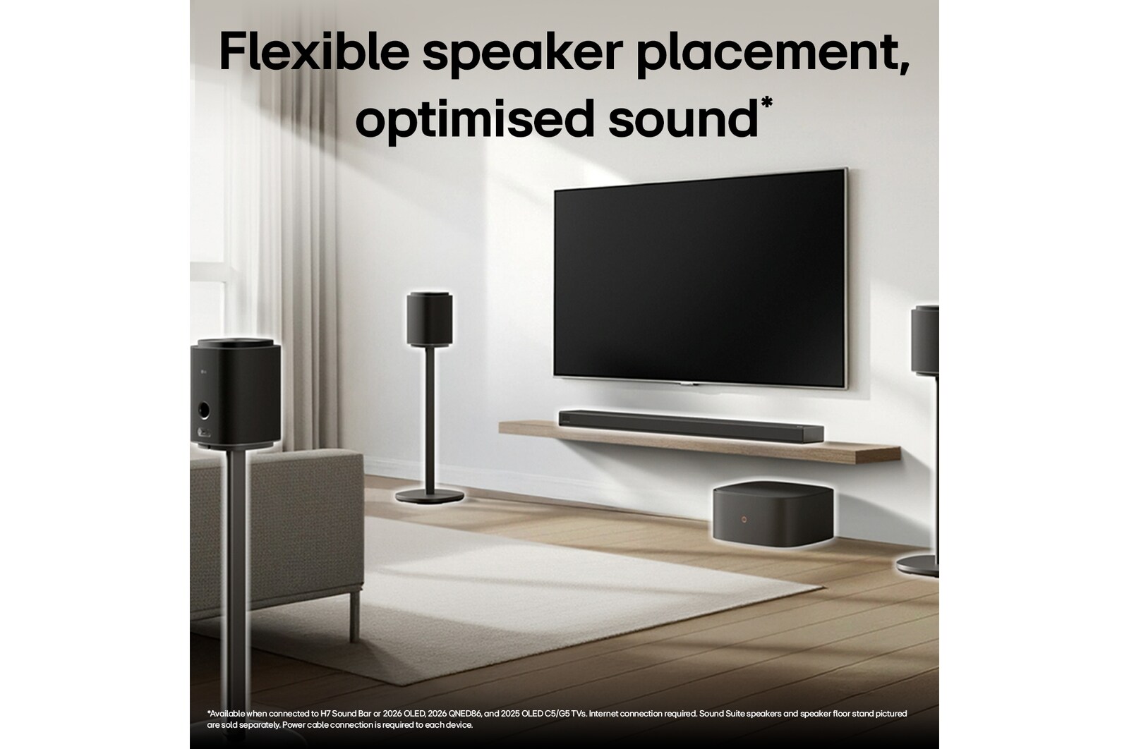 LG Sound Suite speakers arranged with a TV, highlighting versatile use for home audio systems