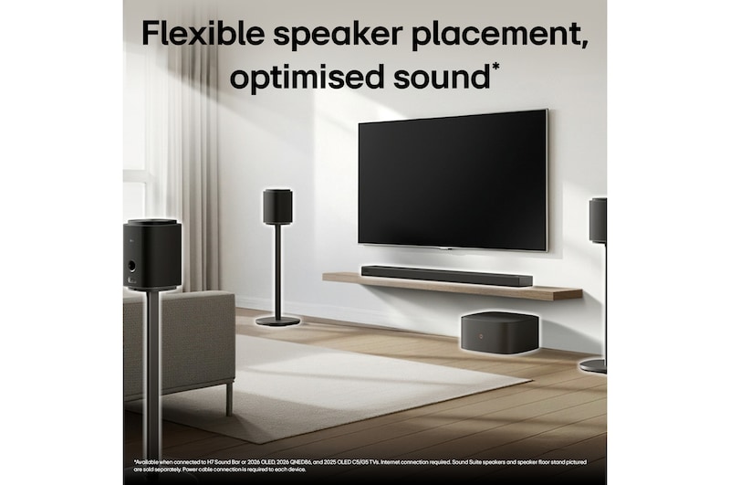 LG Sound Suite speakers arranged with a TV, highlighting versatile use for home audio systems