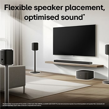 LG Sound Suite speakers arranged with a TV, highlighting versatile use for home audio systems