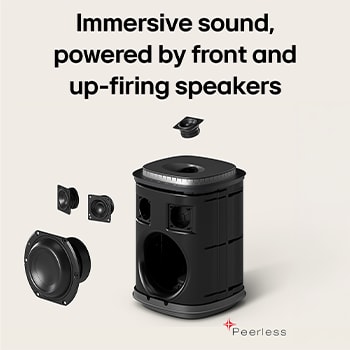 LG Sound Suite M7 speaker with spatial audio and Peerless front and up-firing speaker arrays delivering immersive 3D audio from every direction