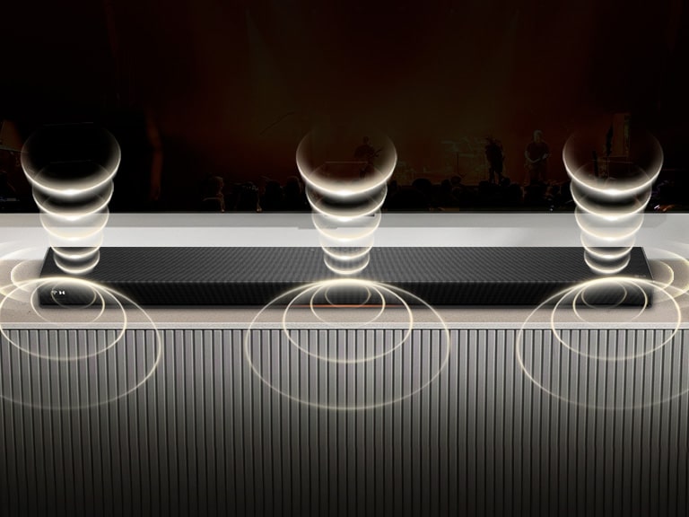 LG Sound Suite H7 Soundbar under a TV emitting layered sound waves upward, forward, and sideways, illustrating AI Upmix by Alpha 11 processor