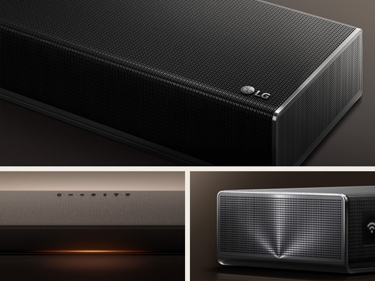 1) Close-up of the black Sound Suite H7 soundbar from above, turned at a slight angle, highlighting its premium design with crafted aluminum details 2) Top detail view of the LG Sound Suite H7 soundbar on a black surface, with subtle orange lighting glowing beneath 3) Side view of the LG Sound Suite H7 soundbar with precision-crafted aluminum details with deep black fabric accents