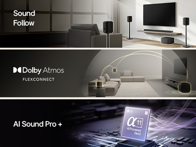 1) LG Sound Suite placed in a living room, demonstrating flexible speaker placement for an immersive home sound system 2) LG Sound Suite with Dolby Atmos FlexConnect technology detects each speaker’s location to optimize surround sound systems 3) Close-up of LG Alpha 11 AI Processor Gen3 glowing to represent AI Sound Pro+ technology