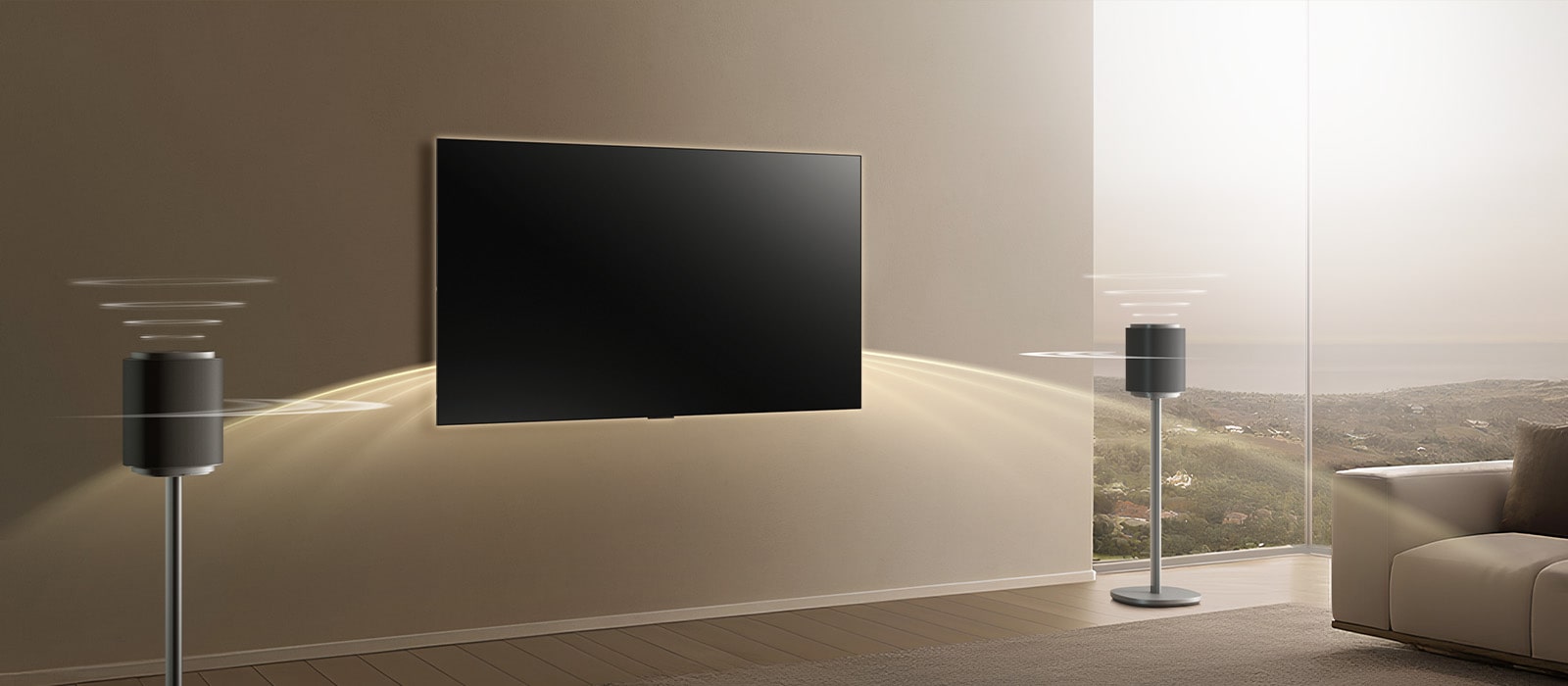LG complete home theater system with Sound Suite speakers on both sides of the TV, emitting sound waves across the room for full Dolby Atmos